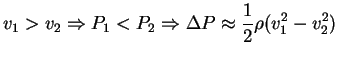 $\displaystyle v_1 > v_2 \Rightarrow P_1 < P_2 \Rightarrow \Delta P \approx \frac{1}{2} \rho (v_1^2 - v_2^2)$