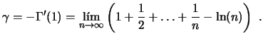 $\displaystyle \gamma = - \Gamma'(1) = \lim_{n \to \infty} \left( 1 + \frac{1}{2}
+ \ldots + \frac{1}{n} - \ln(n) \right)  .$